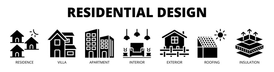 Fototapeta premium Residential Design web banner icon vector illustration concept with icons of residence, villa, apartment, interior, exterior, roofing, and insulation.