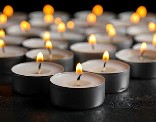 A cluster of lit tea lights on a dark surface