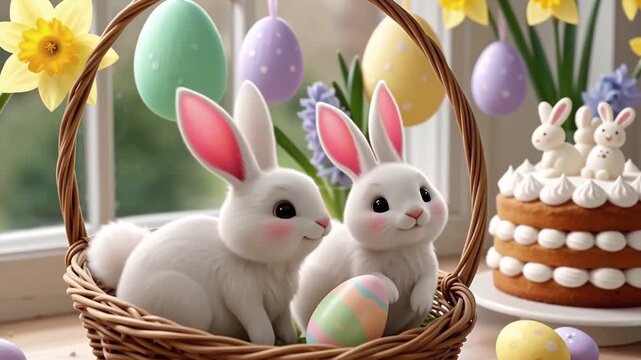 Cute Easter Bunnies with Painted Eggs, Spring Holiday Illustration