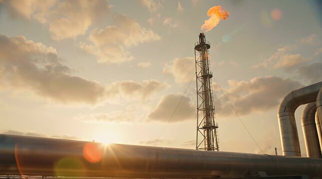 Industrial flare stack burning gas at sunset, refinery infrastructure pipes, energy production, sky clouds.