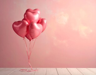 A cluster of pink heart-shaped balloons on a pink background