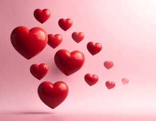 A cluster of red hearts floating in a pink gradient background