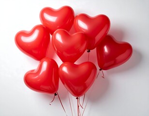 A cluster of red heart-shaped balloons on white background