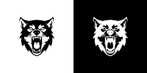 Obraz premium Black and white wolf head logos on split white and black backgrounds.