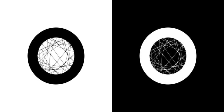 Geometric wireframe spheres on contrasting black and white circular backgrounds.