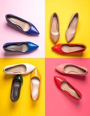 A collage of four pairs of women's shoes on colorful backgrounds