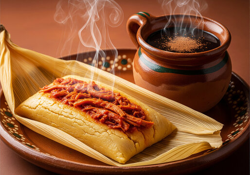Authentic Homemade Tamal in Corn Husk with Hot Champurrado on Traditional Pottery.