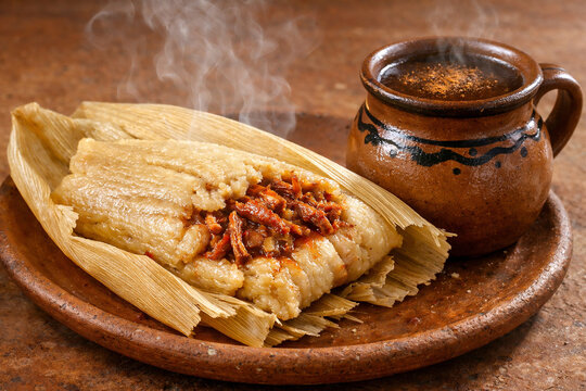 Delicious Latin American Street Food: Pork Tamale and Mexican Hot Chocolate.