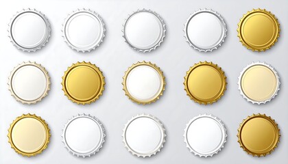A collection of 15 blank bottle caps in white and gold