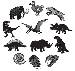 Collection of extinct prehistoric animals and fossils including dinosaurs, mammoths, and sabre-toothed cats. © Riki