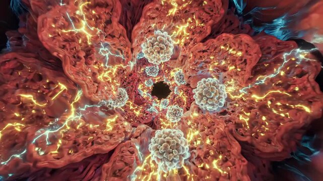 infected tissue with viral clusters erupting, blue viral spheres surrounded by fiery electrical cascades and cellular breakdown, dramatic cytokine storm across extracellular matrix, high