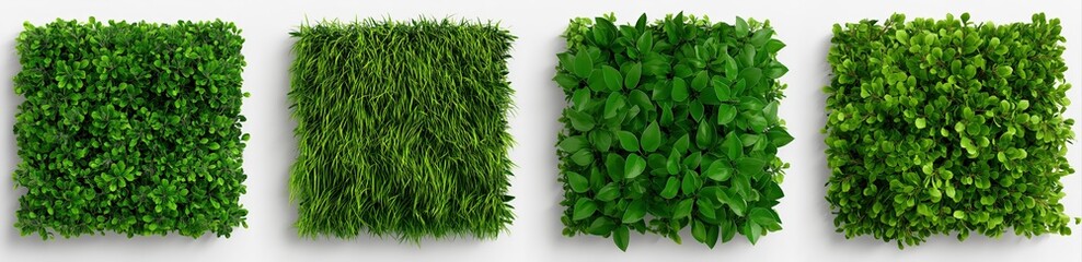 Fototapeta premium Various artificial green wall panels creating different foliage textures. Sustainable vertical garden elements for modern design