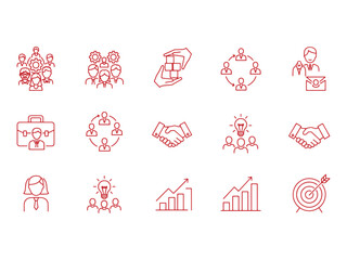 Obraz premium A set of minimalist red line icons illustrating business concepts like teamwork, meeting, and success, isolated on a white background.