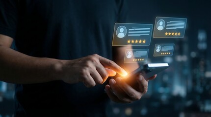A person interacts with glowing review ratings on a smartphone in a modern cityscape, conveying a sense of digital feedback and evaluation in a futuristic urban setting.
