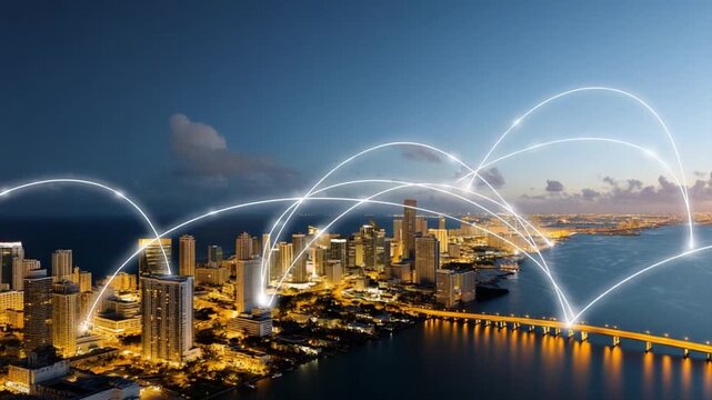 Waterfront smart city at sunset, connected bridges, glowing sensor grids, intelligent urban development concept