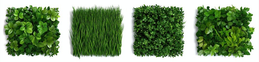 Naklejka premium Four square panels of various green plants, grass, and foliage creating a natural pattern, promoting ecology and sustainability