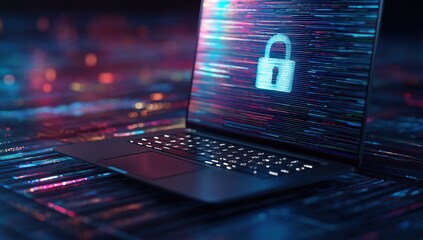Laptop displaying digital padlock icon on screen with abstract data lines, representing online security, privacy, and encryption