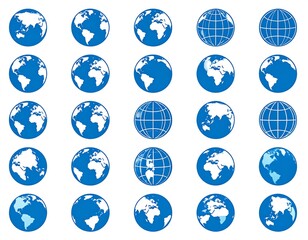 A collection of blue and white globes on a white background