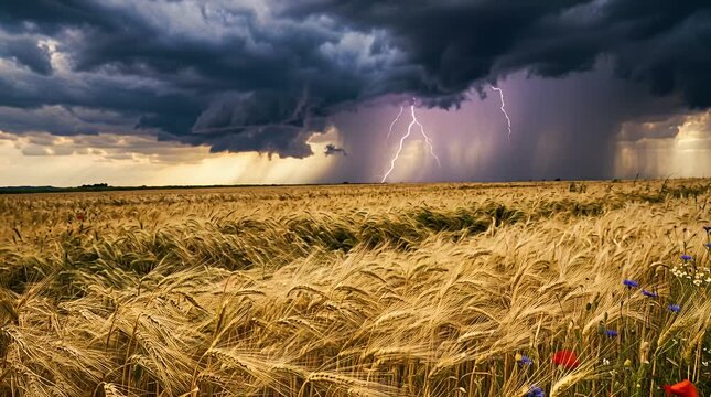 Dramatic lightning strike illuminates rain shafts over a golden wheat field, storm over farmland, thunder.