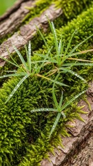 Macro View Of Dew Drops On Lush Green Moss And Grass Growing On Tree Bark