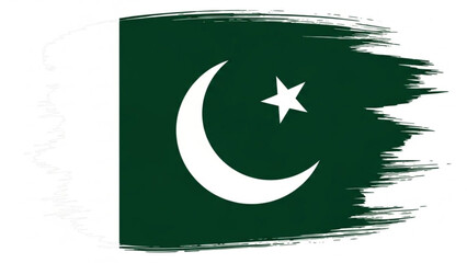 Pakistan Flag Brush Stroke Green White Crescent Star on White Background