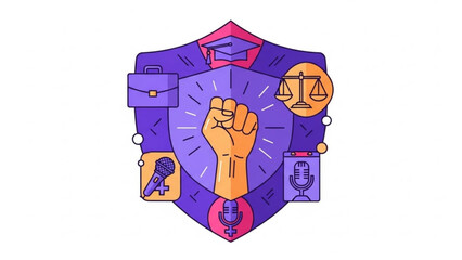 Raised Fist Clenched on Purple Shield with Justice Symbols and Badges