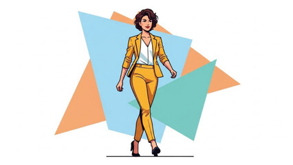 Confident Business Woman Walking in Yellow Suit on Abstract Background