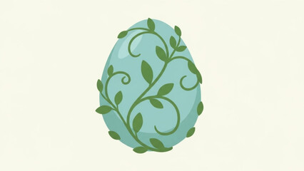 Decorative Easter Egg with Green Leaves on Blue Background, Isolated on White, Illustration