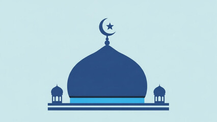 Mosque Dome with Crescent Moon and Star Icon on Blue Background