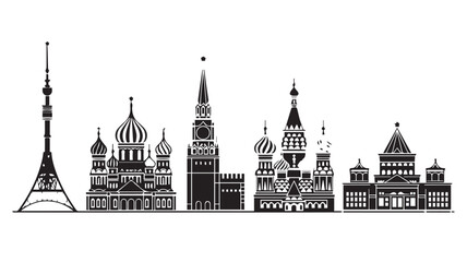 Naklejka premium A striking black and white silhouette illustration capturing the iconic skyline of a major Russian city with its famous landmarks