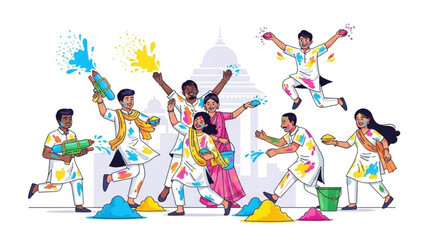 Happy People Celebrating Holi Festival with Colorful Powder, India, Illustration