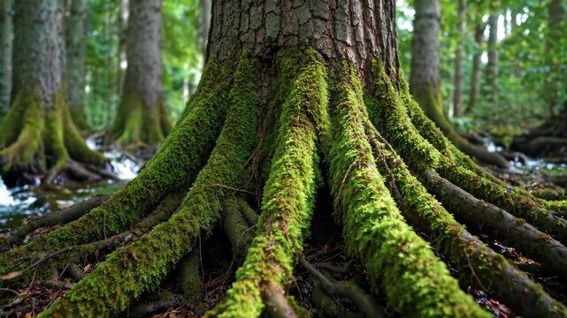 Close-up material of the roots of large trees in the forest
