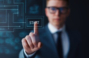 Businessman's hand touching a virtual START button on a futuristic digital screen, indicating new beginnings and technology innovation