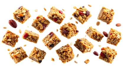 A collection of granola bars and nuts scattered on a white surface