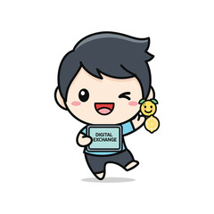 Obraz premium Cartoon character holding digital exchange device and lemon