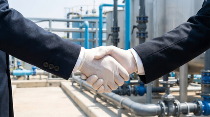 Close up handshake wearing protective gloves at industrial facility with pipes and valves safety compliance engineering maintenance contractor partnership