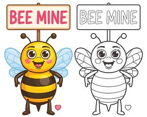 Obraz premium Bee Mine Cute Bee Cartoon with Blank Sign, Valentine Kids Illustration