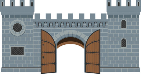 Medieval stone castle gate with towers, open wooden doors, isolated white background, historic fortress architecture, detailed realistic 3d render illustration