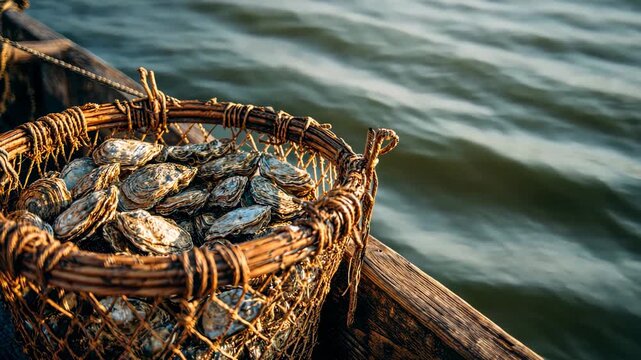Fresh Oysters in Basket at Seafood Market
