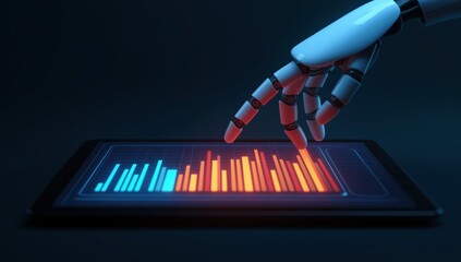 Robotic hand with articulated fingers touching an illuminated bar chart on a tablet, representing AI data analysis and digital future