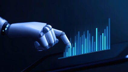 Robot hand touching a glowing bar graph, representing artificial intelligence in data analysis and business finance
