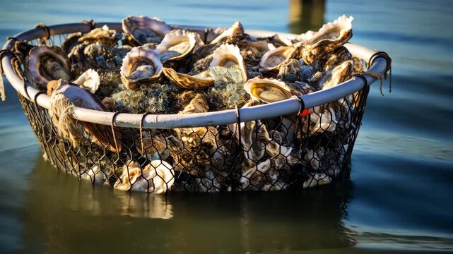 Fresh Oysters in Basket at Seafood Market
