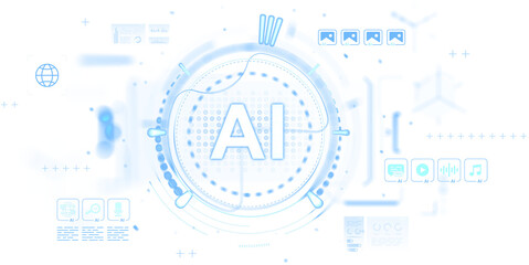 Futuristic AI technology interface with icons and circular HUD elements in light blue, isolated on white background, symbolizing innovation and data concept
