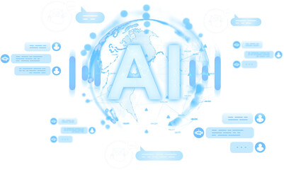 Futuristic AI communication interface with digital chatbot icons and a world map globe in soft blue style on a white background showing technology concept
