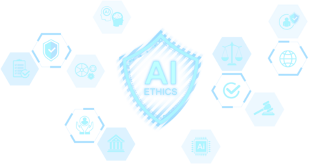 AI ethics shield symbol with tech and legal icons in light blue graphic style on white background, concept of responsible artificial intelligence use