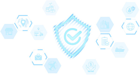 Blue shield with checkmark at center, surrounded by logistics and business icons in hexagons, clean...