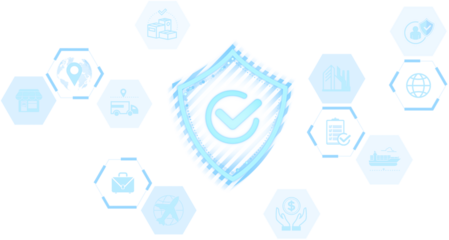 Blue shield with checkmark at center, surrounded by logistics and business icons in hexagons, clean transparent white background, concept of security and compliance