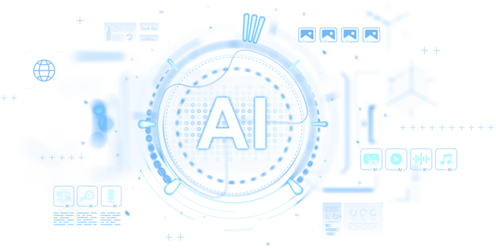 Futuristic AI technology interface with icons and circular HUD elements in light blue, isolated on white background, symbolizing innovation and data concept - Powered by Adobe