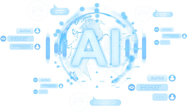 Futuristic AI communication interface with digital chatbot icons and a world map globe in soft blue style on a white background showing technology concept - Powered by Adobe