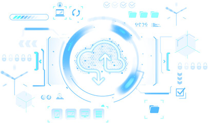 Fototapeta na wymiar Futuristic cloud upload and download icon in blue HUD interface graphics, isolated on white background, representing secure data transfer business concept